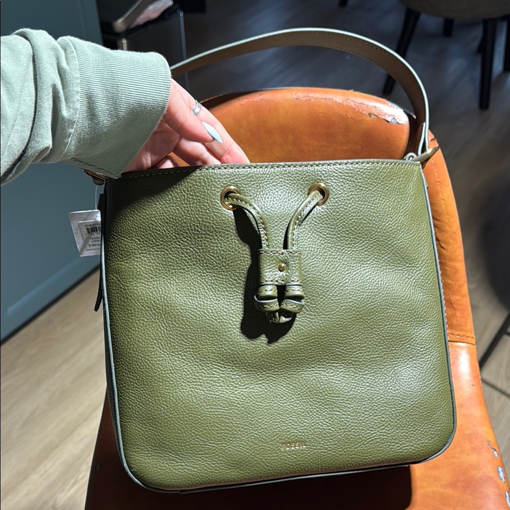 Fossil Green Leather Shoulder Bag with Gold Accents